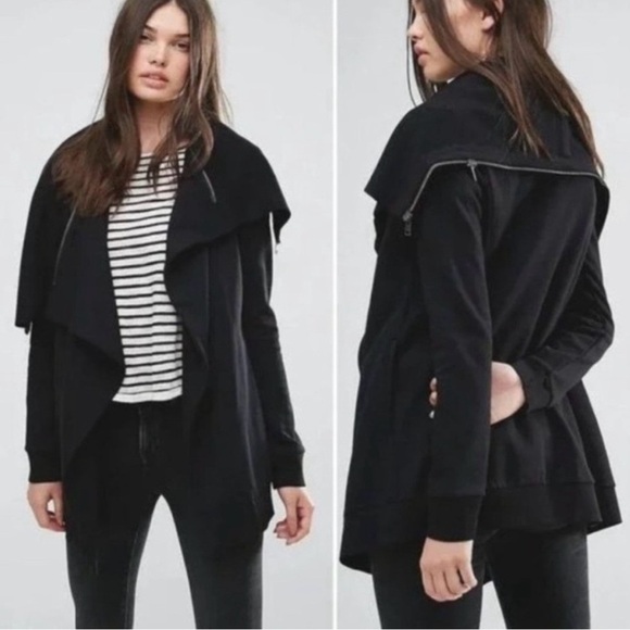 All Saints Dahlia Sweat Jacket Waterfall Cardigan Open Front Black Sz S - Picture 1 of 16